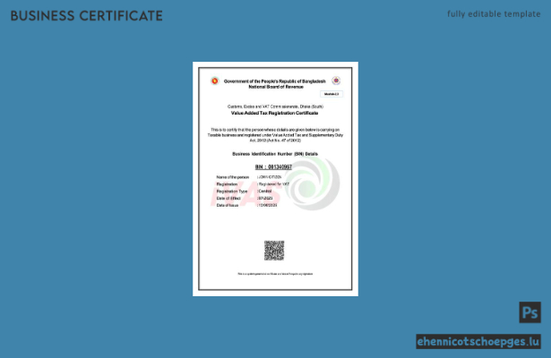 Beispiel- und PDF-Vorschau des bangladeschischen Mehrwertsteuerregistrierungszertifikats